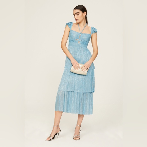 Sabina Musayev blue Amadea tie back tiered midi dress size S